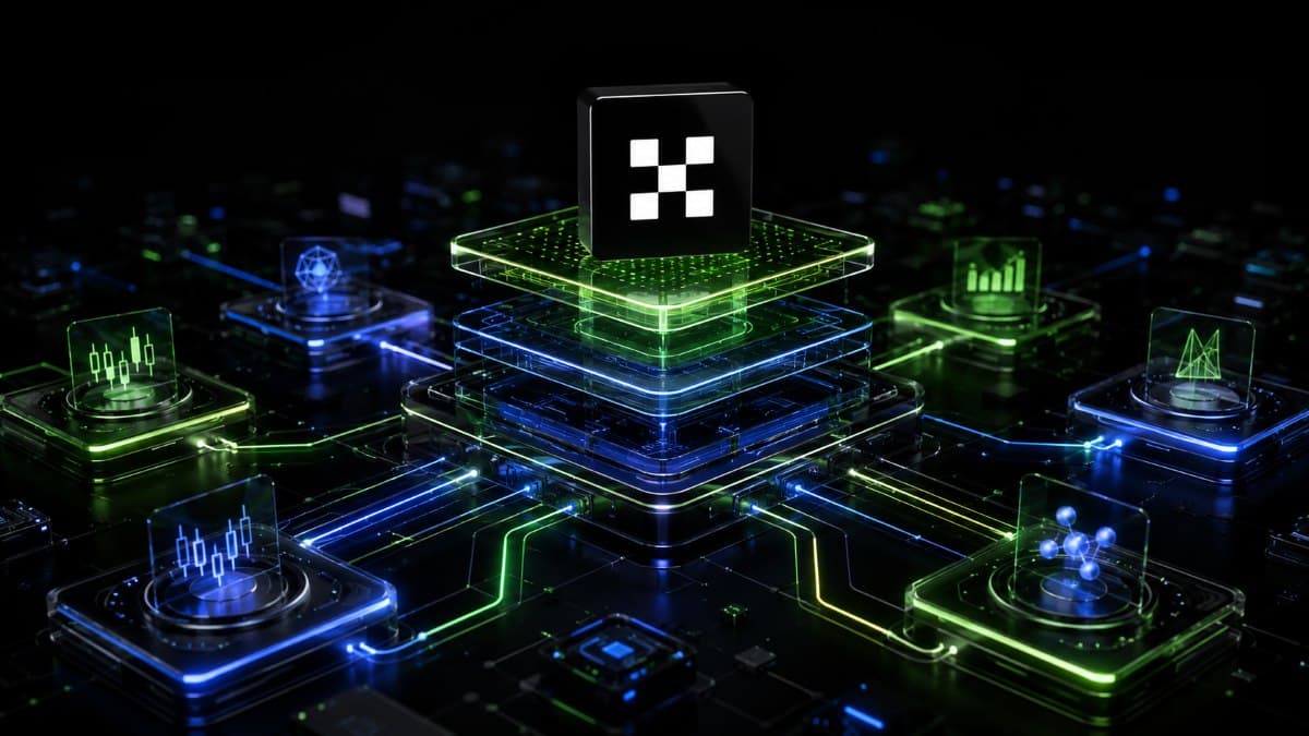 رسم توضيحي لبنية تحتية رقمية مستقبلية يظهر شعار OKX فوق شبكة طبقات مترابطة، مع وحدات سوقية تمثل Exchange OS على X Layer.