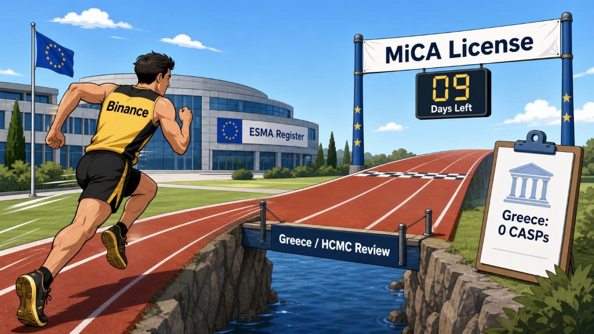 رسم كرتوني يُظهر بينانس كعدّاء يتجه نحو خط نهاية ترخيص MiCA، مع ظهور اليونان ومراجعة HCMC كفجوة محتملة قد تؤخر المسار.