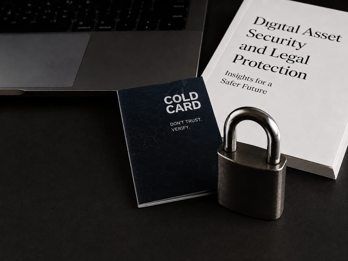 Coldcard hardware wallet beside a padlock and a report on digital asset security and legal protection.