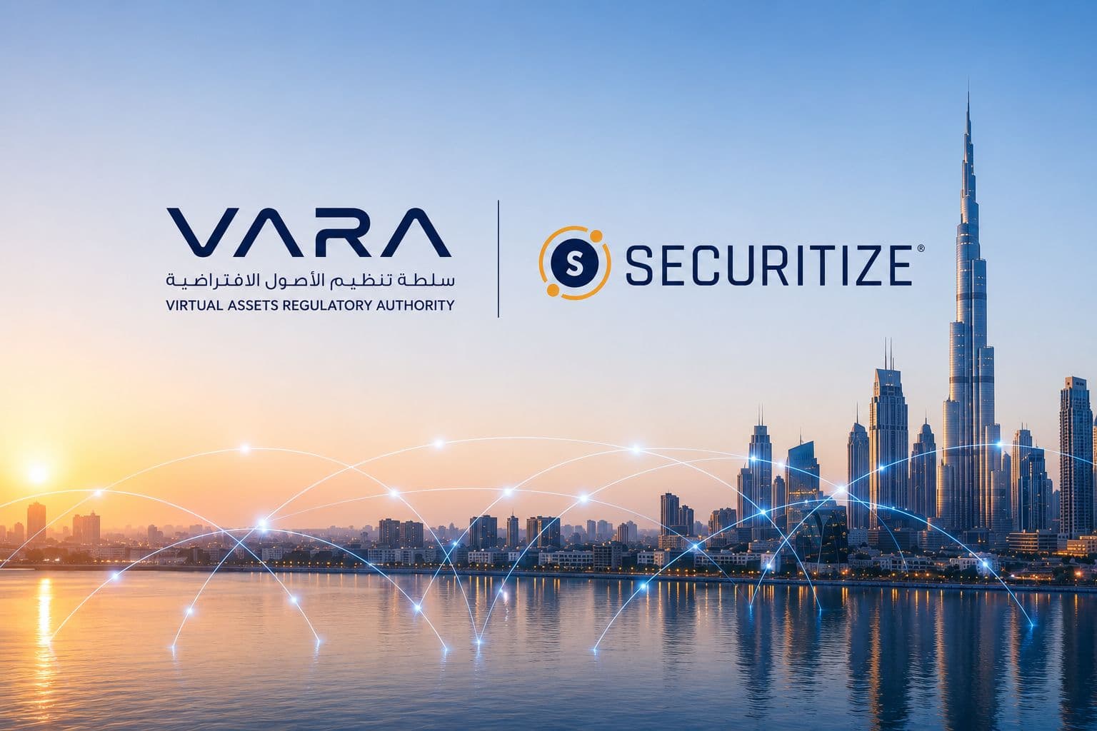 VARA and Securitize logos above the Dubai skyline, representing their collaboration to advance regulated tokenized markets in Dubai.