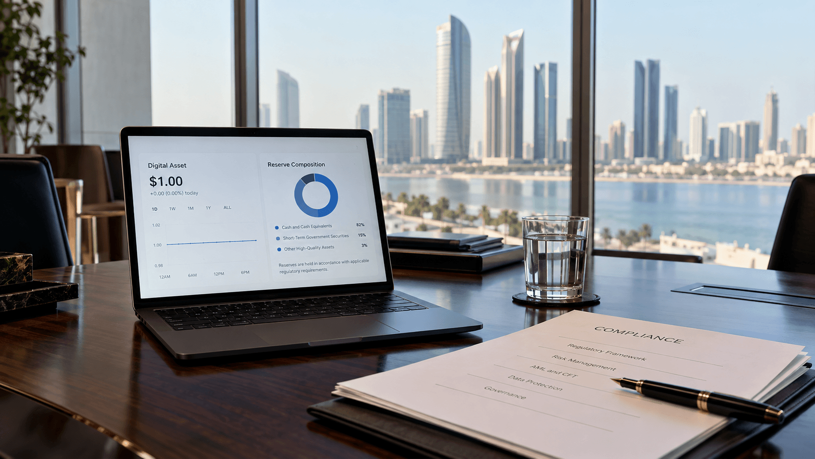 Stablecoin reserve dashboard and compliance documents in an Abu Dhabi office.