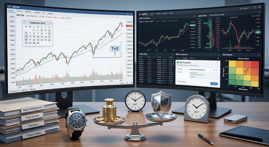 A modern trading desk with dual monitors displaying stock charts and blockchain analytics alongside physical timepieces, a balance scale, and financial document folders contrasting traditional settlement cycles with continuous tokenized trading.
