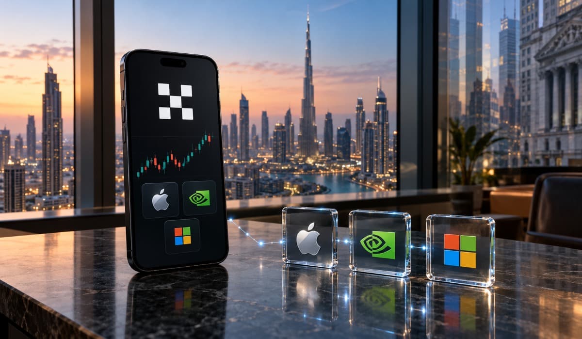 Conceptual image of an OKX-branded smartphone beside connected glass panels displaying Apple, NVIDIA and Microsoft logos, representing tokenized U.S. stocks against Dubai’s skyline.