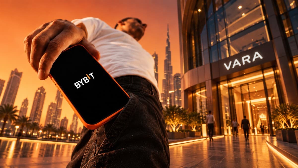 صورة تعبيرية لهاتف يحمل شعار بايبت أمام مدخل يحمل اسم VARA وأفق دبي، تجسّد حصول المنصة على ترخيص في الإمارة.