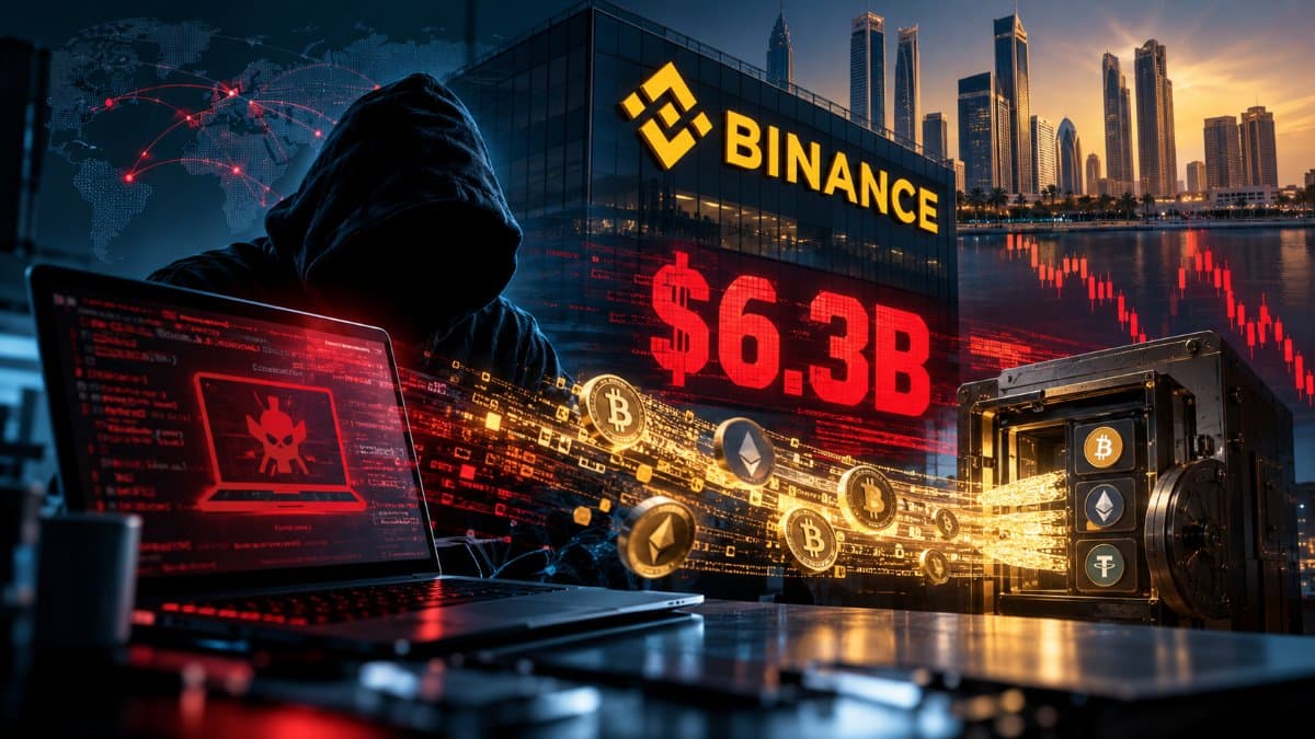 Illustration of a hooded hacker using a laptop in front of Binance branding and a large “$6.3B” sign, symbolizing the Binance hack and its impact on the crypto market.