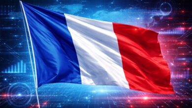 French flag with a digital assets and blockchain-themed background representing France’s role in the digital economy.