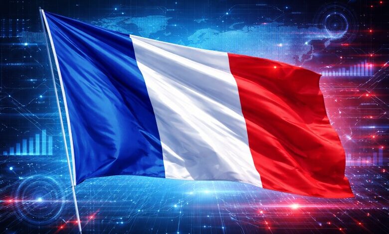 French flag with a digital assets and blockchain-themed background representing France’s role in the digital economy.