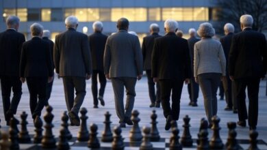Senior employees walking away from a chessboard backdrop, symbolizing strategic moves and leadership changes in 2024