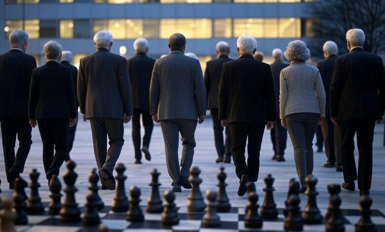 Senior employees walking away from a chessboard backdrop, symbolizing strategic moves and leadership changes in 2024