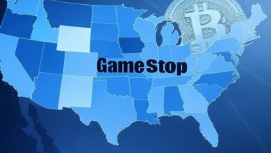 Map of U.S. states with Bitcoin reserve bills and GameStop logo paired with Bitcoin symbol for treasury move