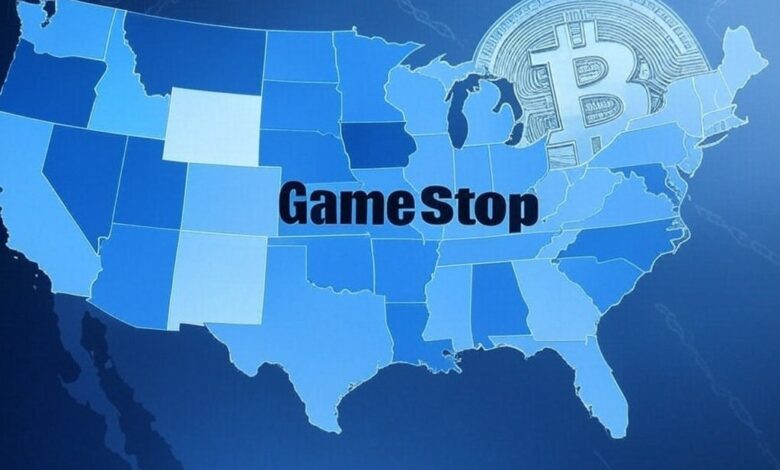 Map of U.S. states with Bitcoin reserve bills and GameStop logo paired with Bitcoin symbol for treasury move