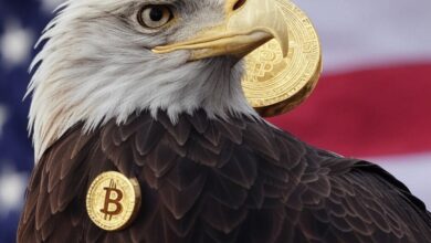 A bald eagle with a Bitcoin coin in its beak and another on its chest, set against the backdrop of the U.S. flag, symbolizing the United States' potential control over Bitcoin as a strategic asset