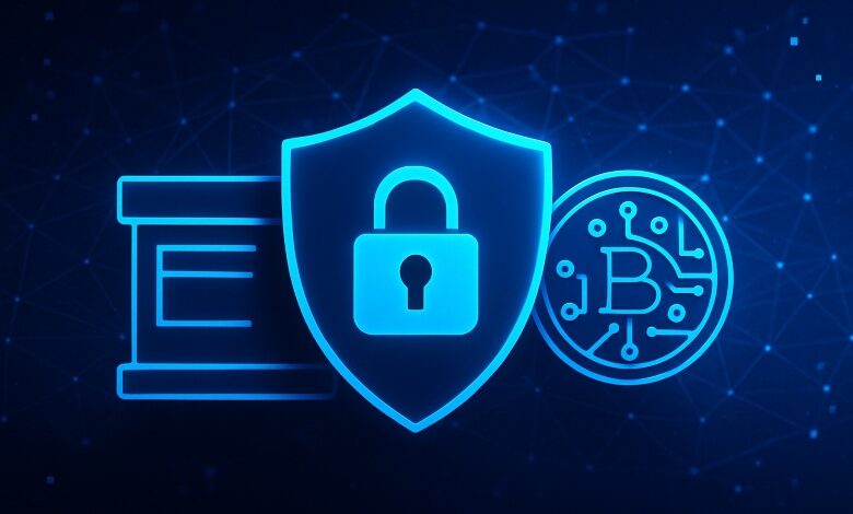 A digital illustration representing secure digital asset custody with abstract vault-like visuals and a futuristic interface, emphasizing protection and technology