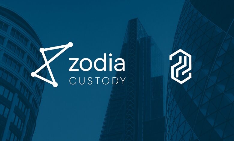 Visual representation of Zodia Custody and Tungsten logos symbolizing Zodia Custody’s UAE acquisition strategy, set against a modern financial district skyline