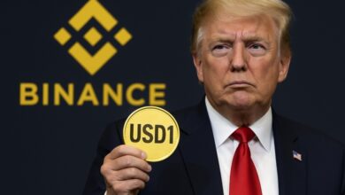 Donald Trump holding USD1 stablecoin in front of Binance logo, illustrating Binance’s dominant support for USD1.