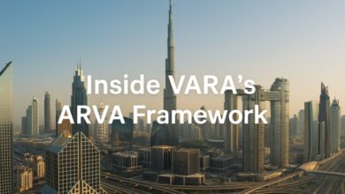 A panoramic view of Dubai’s skyline at sunrise, featuring the Burj Khalifa and surrounding skyscrapers, with the overlaid text “Inside VARA’s ARVA Framework” representing the regulatory landscape for tokenized real-world assets in the UAE.