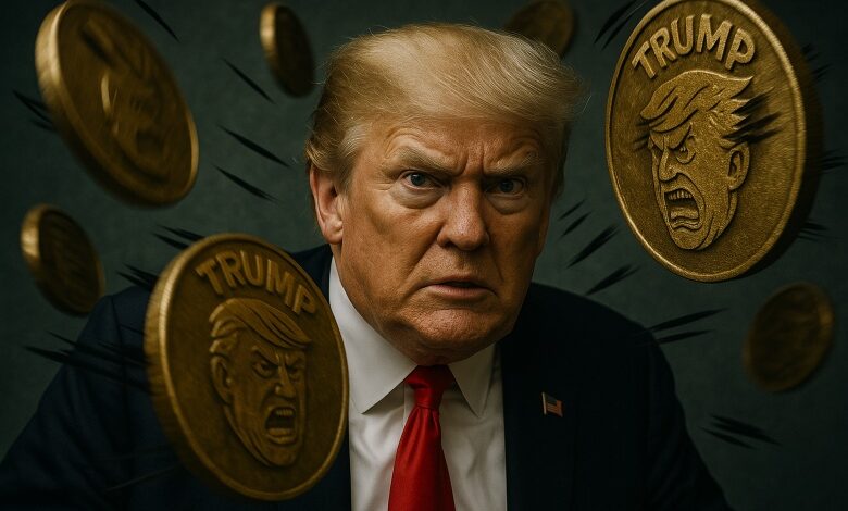President Donald Trump faces a storm of aggressive Trump-branded crypto coins flying toward him, representing scrutiny over his crypto ties and digital asset ventures.