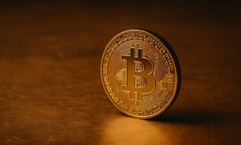 A single Bitcoin standing alone on a reflective surface, symbolizing future scarcity and rising value