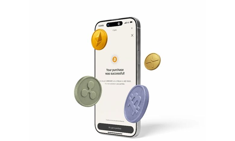 RAKBANK mobile app screen showing crypto trading feature powered by Bitpanda