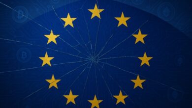 European Union flag softly cracked like glass, symbolizing MiCA passporting fragility, with digital assets in the background