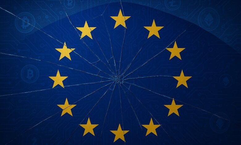 European Union flag softly cracked like glass, symbolizing MiCA passporting fragility, with digital assets in the background