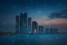 Abu Dhabi skyline with blockchain network overlay representing ADI Foundation’s digital infrastructure vision.