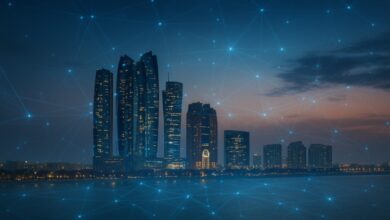 Abu Dhabi skyline with blockchain network overlay representing ADI Foundation’s digital infrastructure vision.