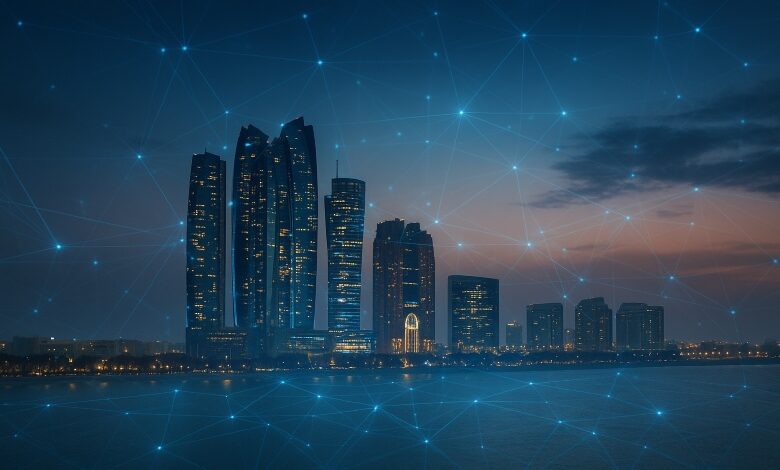 Abu Dhabi skyline with blockchain network overlay representing ADI Foundation’s digital infrastructure vision.