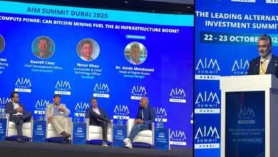Munaf Ali, Group CEO of Phoenix & Panel at AIM Summit Dubai 2025 discussing the shift from Bitcoin mining to AI compute, featuring Phoenix Mining, Core Scientific, and TeraWulf.