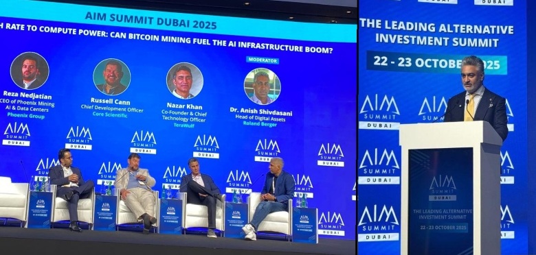 Munaf Ali, Group CEO of Phoenix & Panel at AIM Summit Dubai 2025 discussing the shift from Bitcoin mining to AI compute, featuring Phoenix Mining, Core Scientific, and TeraWulf.
