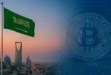 Riyadh skyline at sunset with the Saudi Arabian flag in the foreground and a digital Bitcoin symbol overlay in the background, representing Saudi Arabia’s shift toward digital assets and blockchain technology