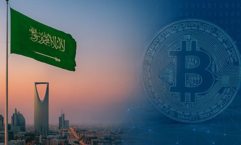 Riyadh skyline at sunset with the Saudi Arabian flag in the foreground and a digital Bitcoin symbol overlay in the background, representing Saudi Arabia’s shift toward digital assets and blockchain technology