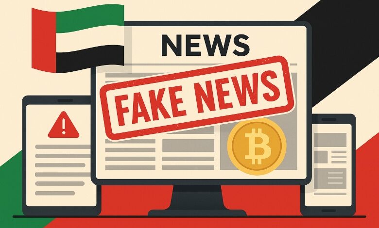 Editorial illustration showing UAE flag colors, digital screens, a Bitcoin symbol, and a ‘fake news’ stamp, representing misinformation behind the UAE Bitcoin ban claims