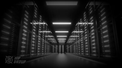 Illustration of a high-performance Bitcoin mining data center representing NIP Group’s global computing expansion.