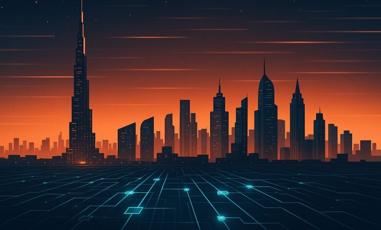 UAE digital Finance: a cinematic Dubai skyline at dusk with digital blockchain grids