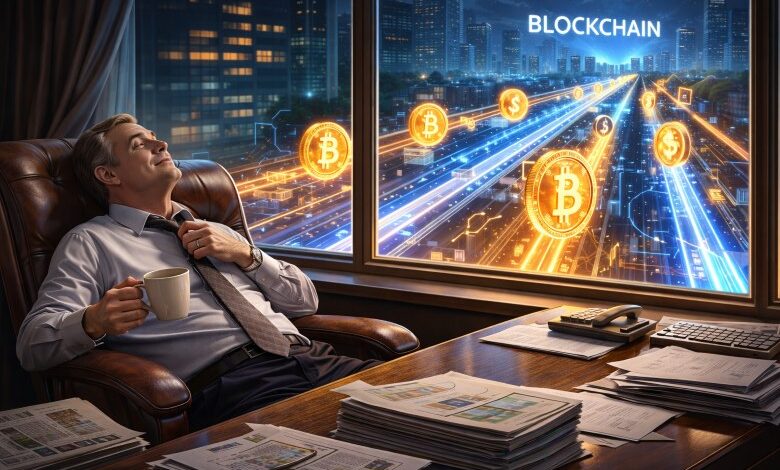 Banking 3.0 in 2026 illustrated as a traditional banker sitting idle while blockchain rails move value faster