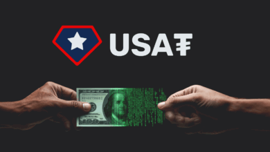 Tether USA₮ launch visual showing digital dollar transformation with U.S. themed stablecoin branding