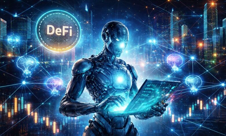 AI analyzing DeFi in a cyberpunk city - Autonomous AI risk