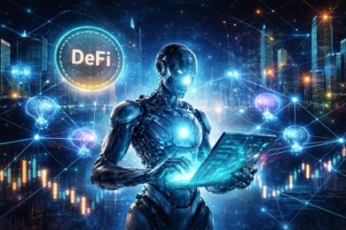 تصوير رقمي لوكلاء ذكاء اصطناعي يعملون ضمن بيئة تمويل لامركزي، يرمز إلى مخاطر التفويض والحوكمة في الأنظمة المستقلة.