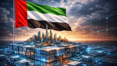 UAE flag over digital infrastructure representing regulated blockchain execution era
