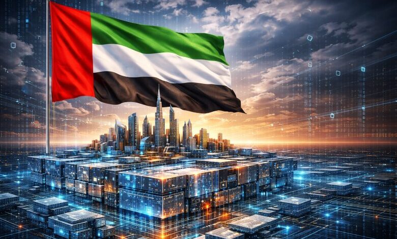 UAE flag over digital infrastructure representing regulated blockchain execution era