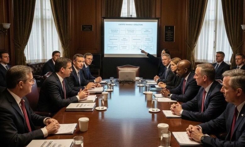 U.S. lawmakers and banking representatives and crypto firms discuss US stablecoin regulation and US crypto market structure during closed-door policy talks in Washington