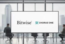 Bitwise Asset Management logo displayed alongside Chorus One branding as the crypto asset manager announces its acquisition of the institutional staking provider. bitwise chorus one acquisition