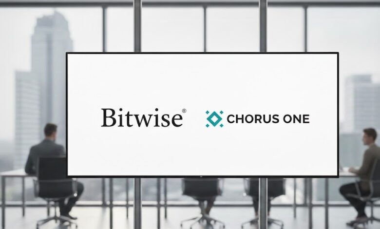 Bitwise Asset Management logo displayed alongside Chorus One branding as the crypto asset manager announces its acquisition of the institutional staking provider. bitwise chorus one acquisition