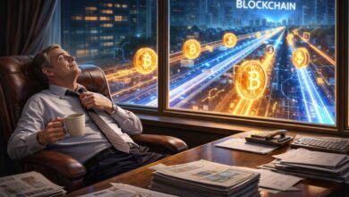 Banking 3.0 in 2026 illustrated as a traditional banker sitting idle while blockchain rails move value faster